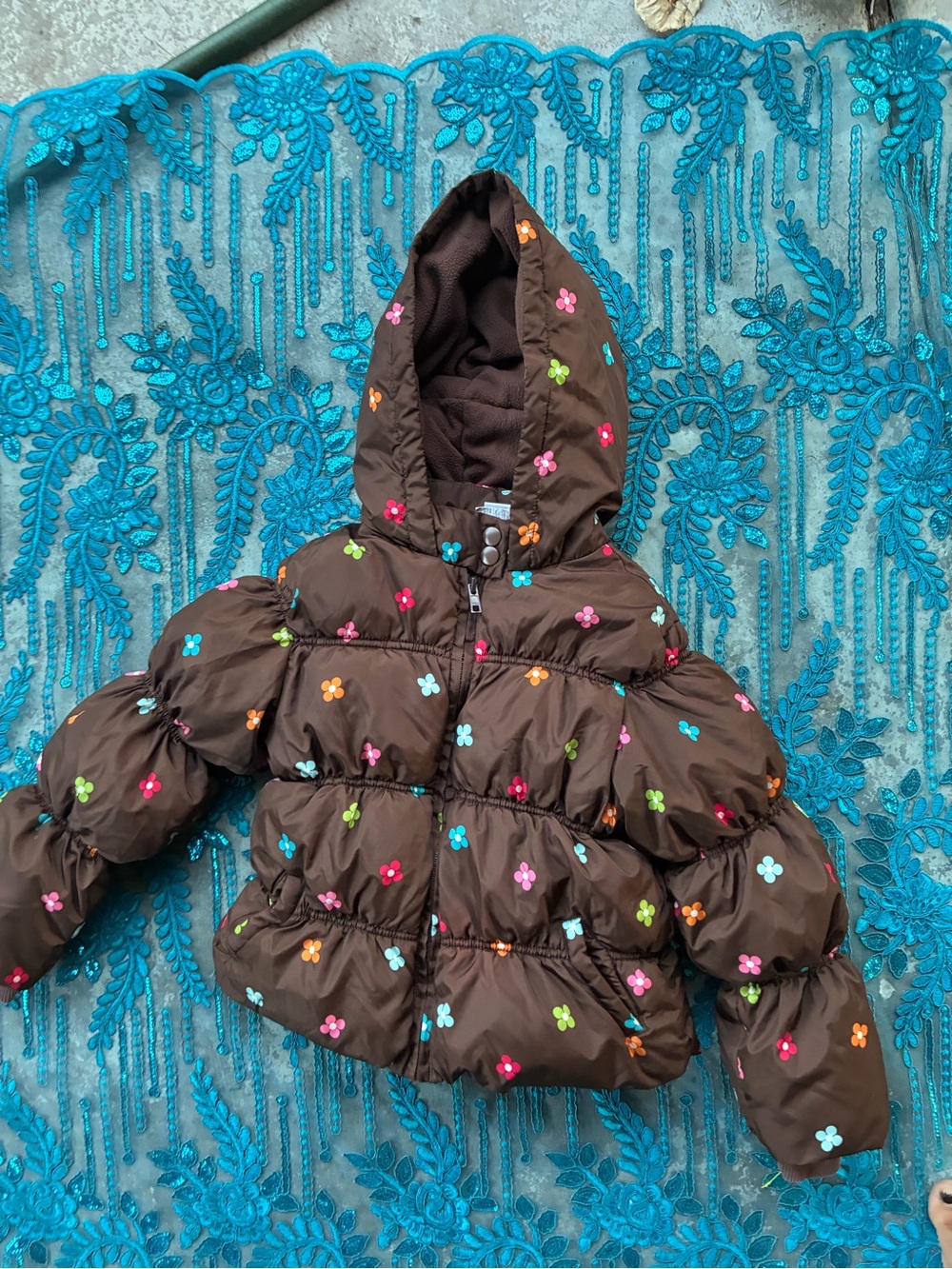 Kids Brown Puffer Jacket with Multicolor Floral Dots - Brand